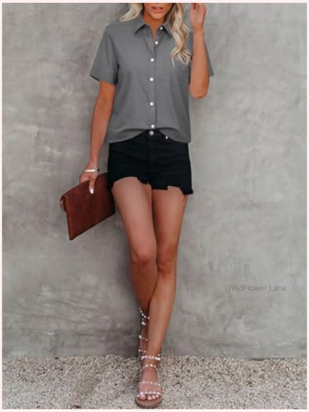 Short Sleeve Button Down Oxford Shirt Women V Neck Collared Blouse Top Pocket - Picture 4 of 6